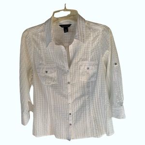White House Black Market Cotton Blend Ivory 3/4 Sleeve Button Up Shirt Size 14